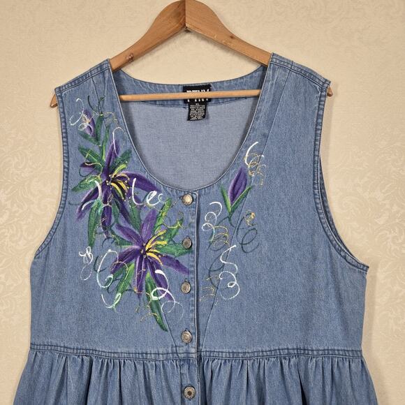 VTG PTNY Denim Jean Midi Dress Jumper XL Blue Cotton Sleeveless Painted Design - Picture 2 of 16